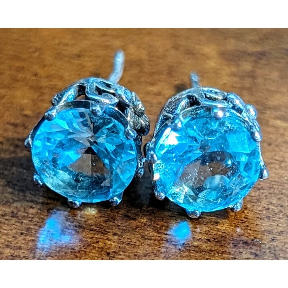 Blue Crystal Fancy Floral Basket Silver Tone Stud Earrings